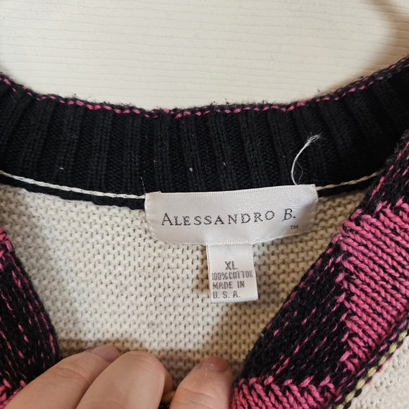 Vintage Oversized 3D Pink & Teal Geometric Print Knit Grandpa Sweater - Picture 4 of 7